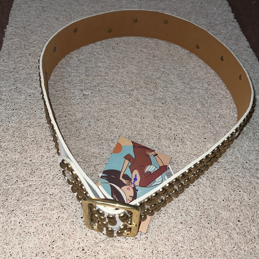 New- white faux leather belt with gold studs & rhinestones- medium